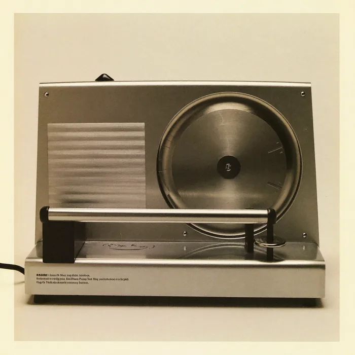 A stainless steel electric food slicer with a circular blade guard and a thickness dial