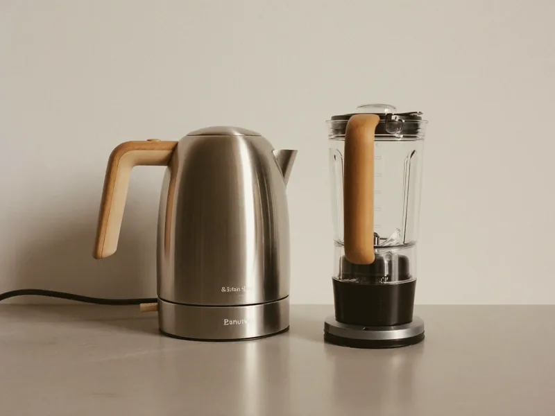 A stainless electric kettle and a hand blender on a clean counter