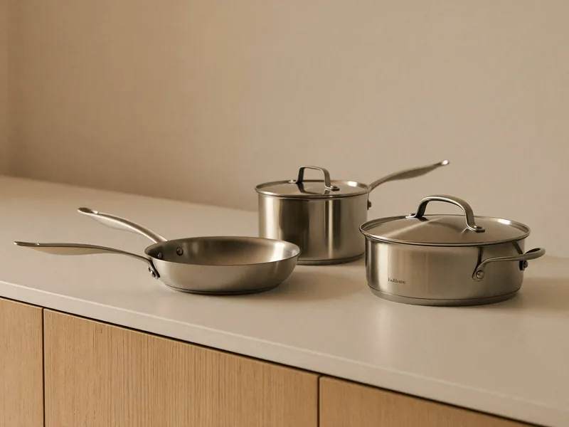 A stainless saucepan, frying pan and stockpot grouped on a counter