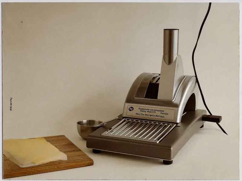 A stainless electric food slicer on a counter beside a wooden board and sliced cheese